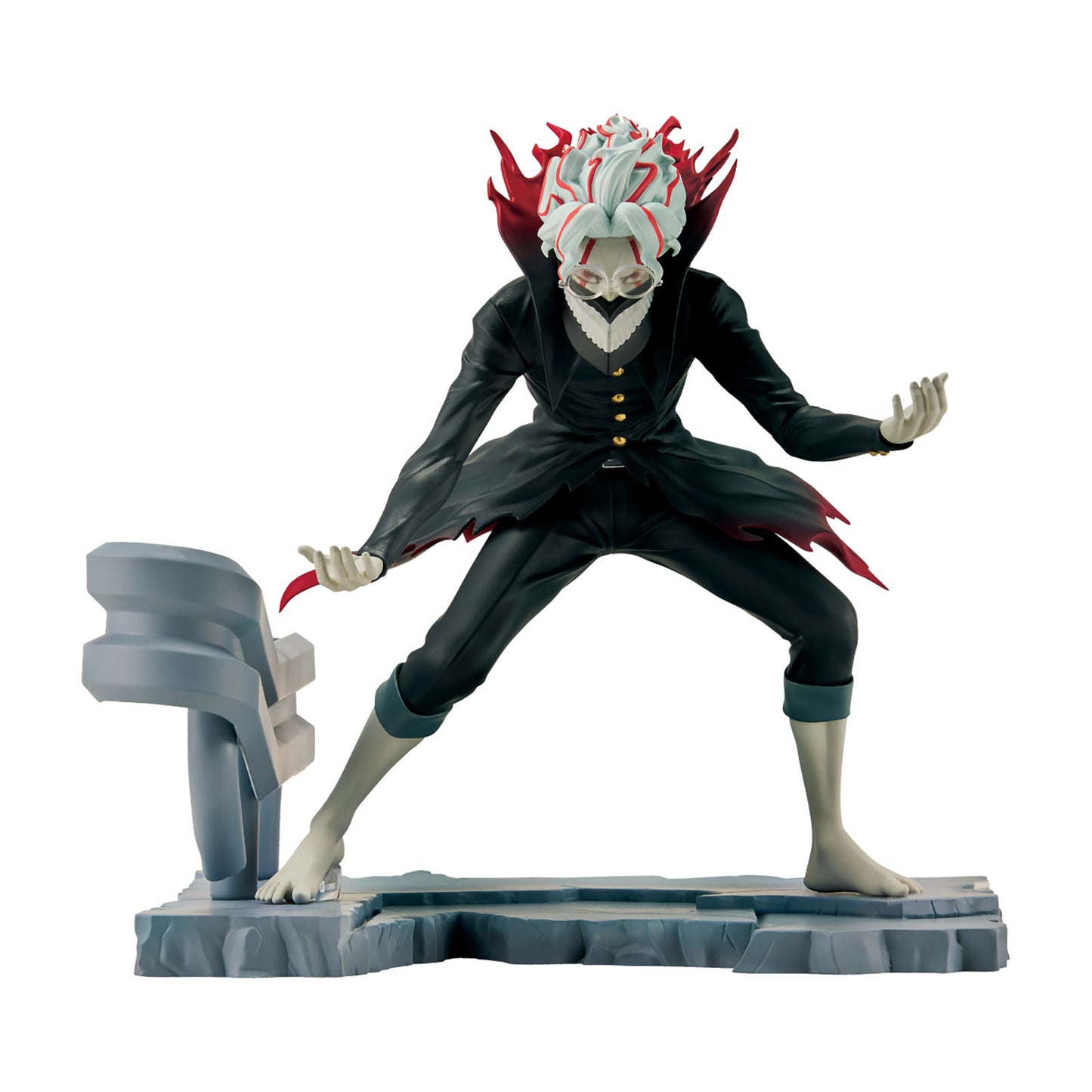 A detailed anime collectible figurine of the character Tanjiro Kamado from Demon Slayer, posed dynamically on a gray stone-like base against a solid white background.