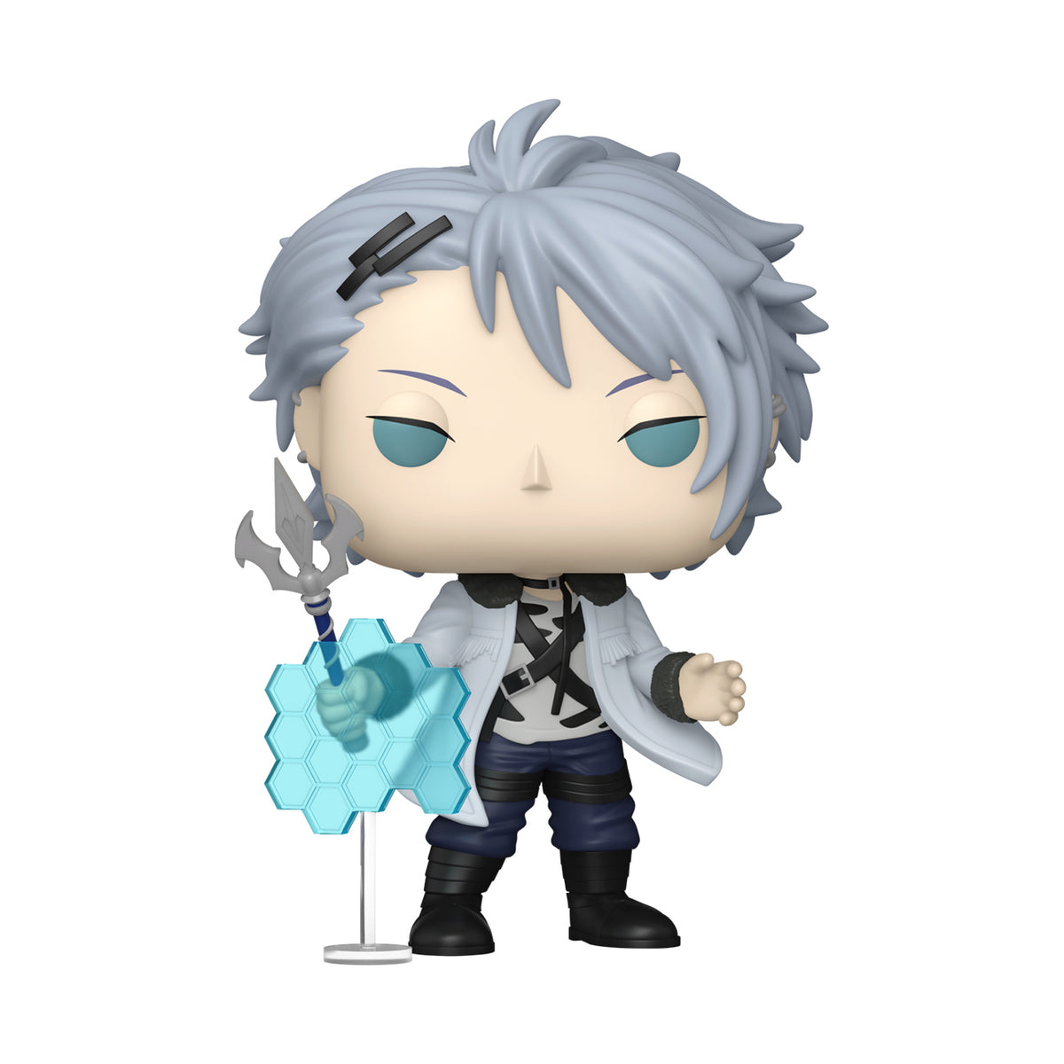Funko Pop! vinyl figure of a character with spiky silver hair, blue eyes, a white lab coat over a black-and-white shirt, dark pants, and a trident accessory, shown on a plain white background.