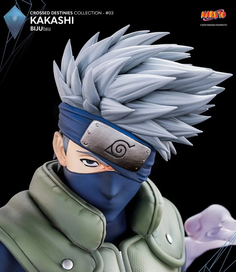 Naruto Kakashi Biju collectible figure from the Crossed Destinies Collection, featuring detailed gray hair, a blue headband with the Naruto symbol, a blue ninja mask, and an olive green high-collar jacket against a black background.