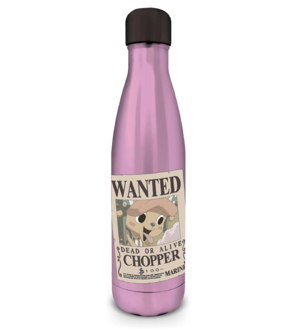 A metallic lavender-purple insulated water bottle with a black cap, featuring a vintage-style pirate 'WANTED' poster graphic on the front.