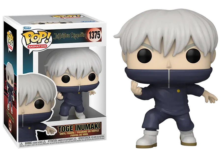 Funko Pop figure of Toge Inumaki from Jujutsu Kaisen, featuring his signature mouth-covering collar and calm expression, in collector packaging.