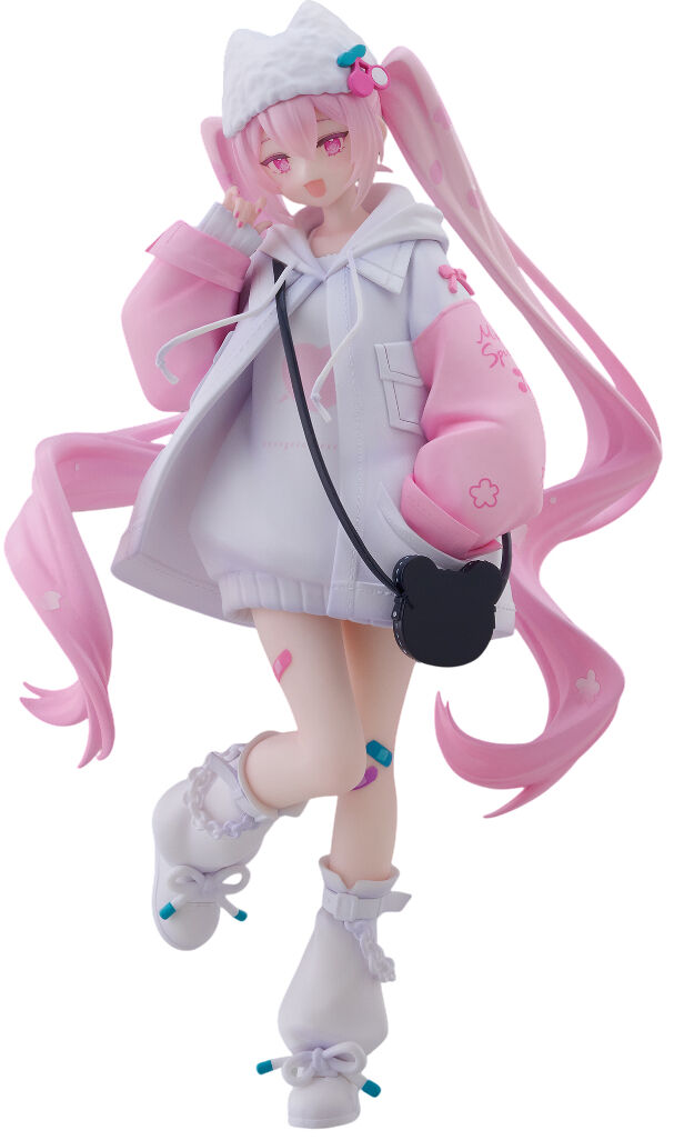 An anime-style collectible figure of a pink-haired girl wearing a white and pink outfit, including a hooded jacket, white hat, and white boots, with a black cat-shaped bag hanging from a black strap, set against a plain white background.
