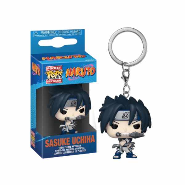 Funko Pop! keychain of Sasuke Uchiha from Naruto with packaging on a white background