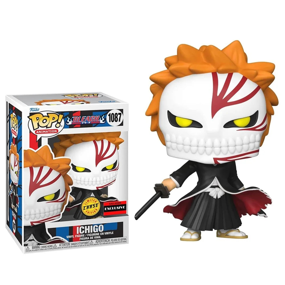 Funko Pop Chase variant of Ichigo from Bleach, featuring his Hollow mask and dynamic pose in collector display box.