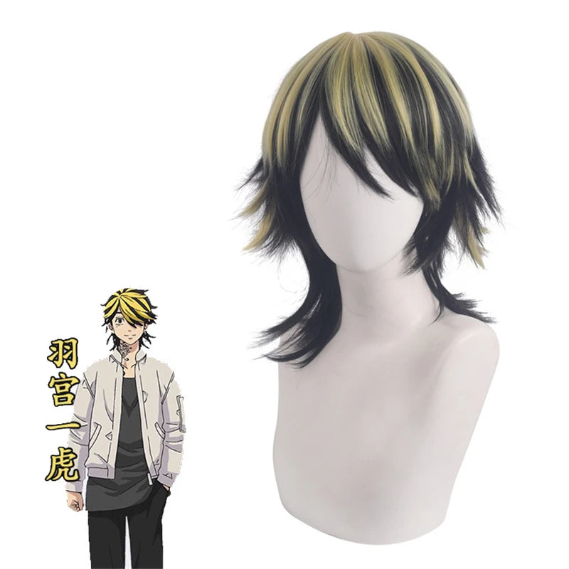Black and yellow wig on a mannequin head with an anime character illustration below.