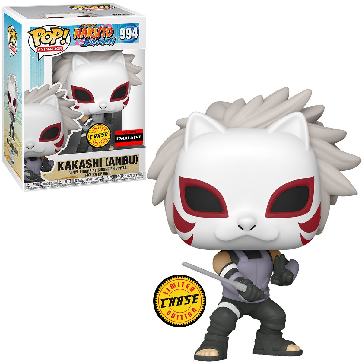 Funko Pop Chase edition of Anbu Kakashi from Naruto, wearing his Anbu mask and holding a sword, in collector packaging.