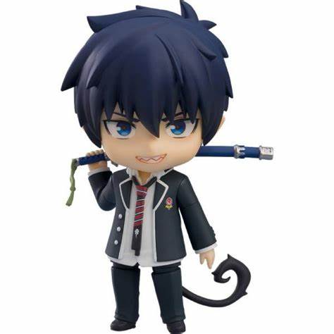 Nendoroid figure of Rin Okumura from Blue Exorcist, featuring his signature blue flames and school uniform, in collector packaging.