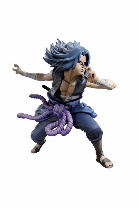 Banpresto Colosseum figure of Sasuke Uchiha from Naruto Shippuden, showcasing his battle-ready stance and detailed outfit, in collector packaging.