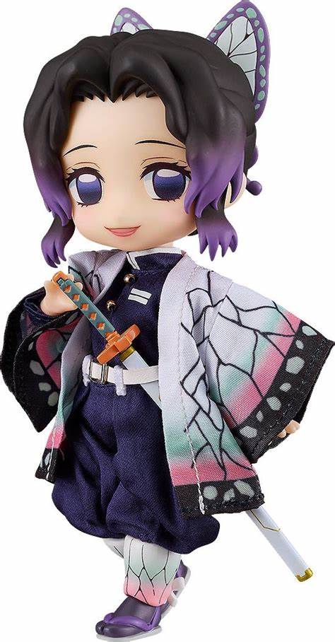 Nendoroid Doll of Shinobu Kocho from Demon Slayer, featuring her butterfly-themed outfit and delicate accessories, in collector packaging.