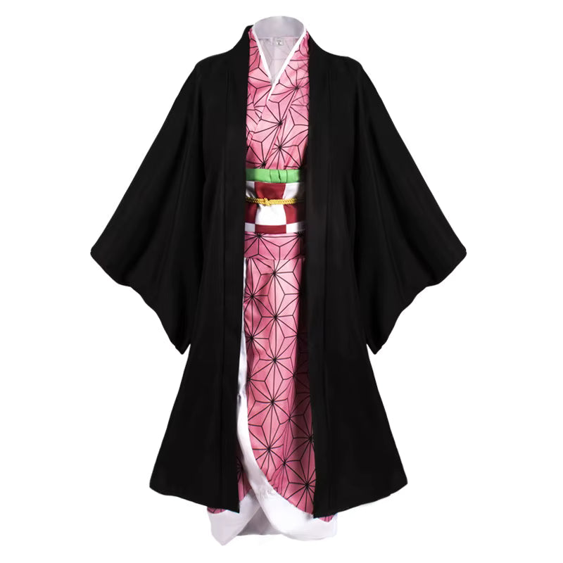 Traditional black kimono with a pink patterned obi on a white background