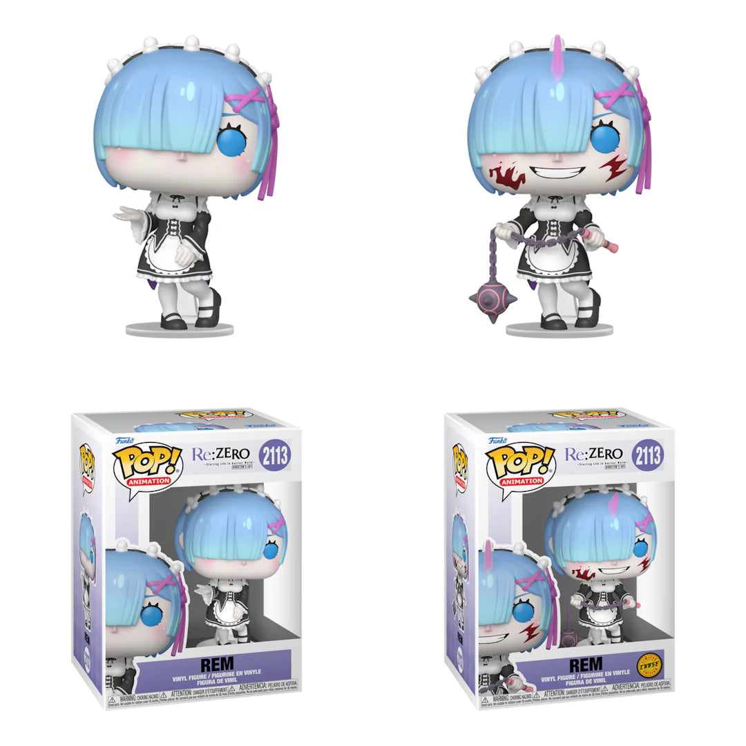 2 funko pops of a maid one with blood and a chain.