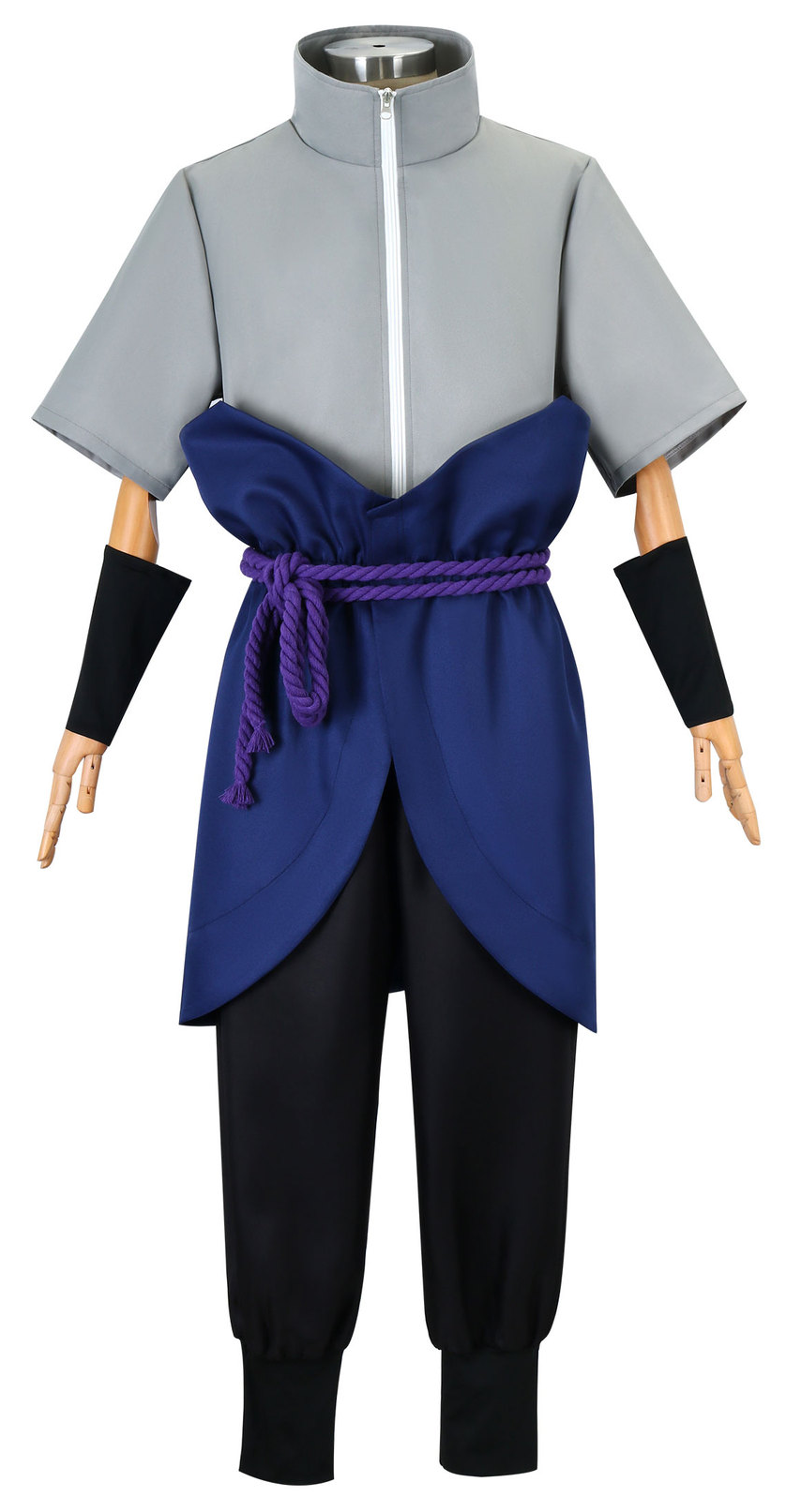 Gray and blue outfit with black pants on a mannequin against a white background
