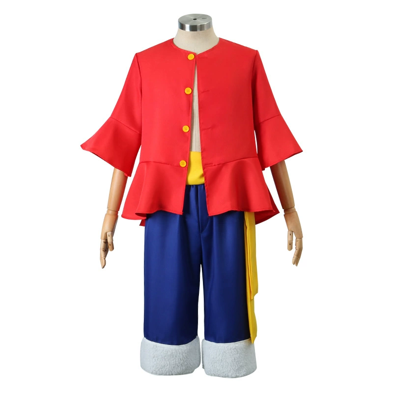 Colorful outfit on a mannequin with red top, blue pants, and yellow accents on a white background