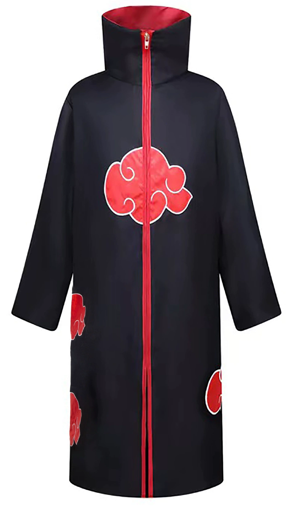 Black coat with red cloud symbols on a white background