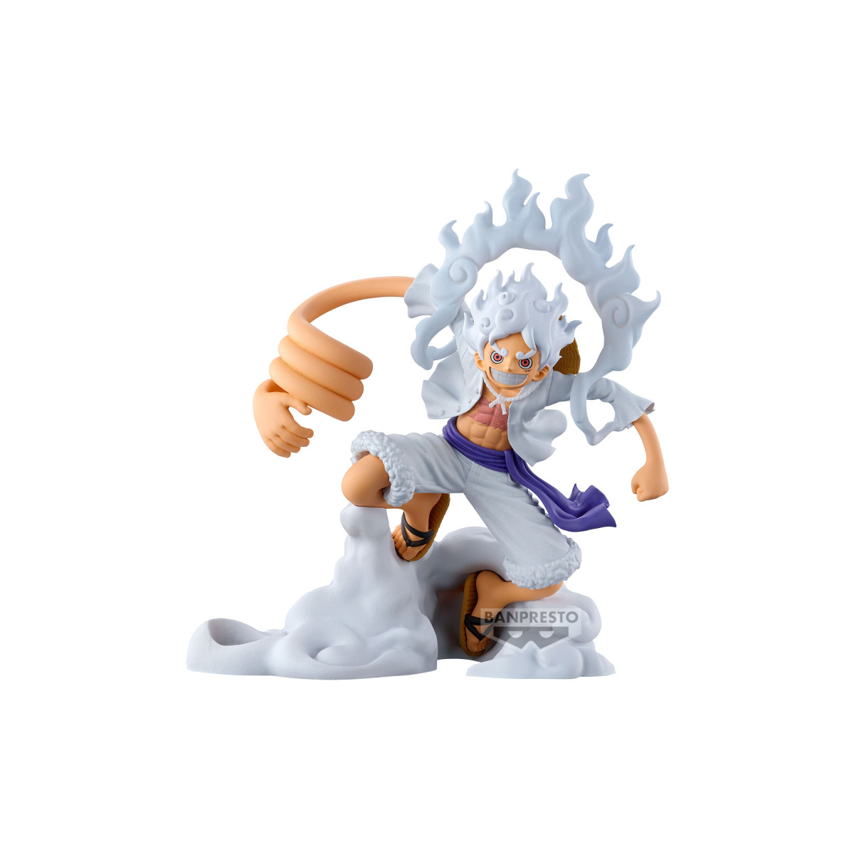 A Banpresto One Piece anime figurine of Zoro Nefertari in a dynamic pose, featuring white hair and a white outfit with a purple sash, set against a plain white background.