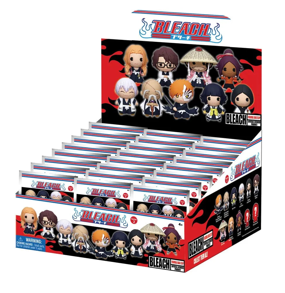 Display box of 'Bleach' figurines with character illustrations on a white background