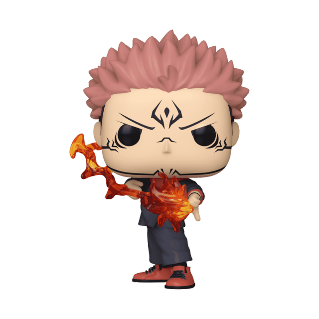 Funko Pop! vinyl figure of a character with spiky pink hair, black eyes, and a determined expression, holding a glowing orange and red energy effect in front of him. The figure is dressed in a dark gray outfit with orange shoes, set against a plain white background.