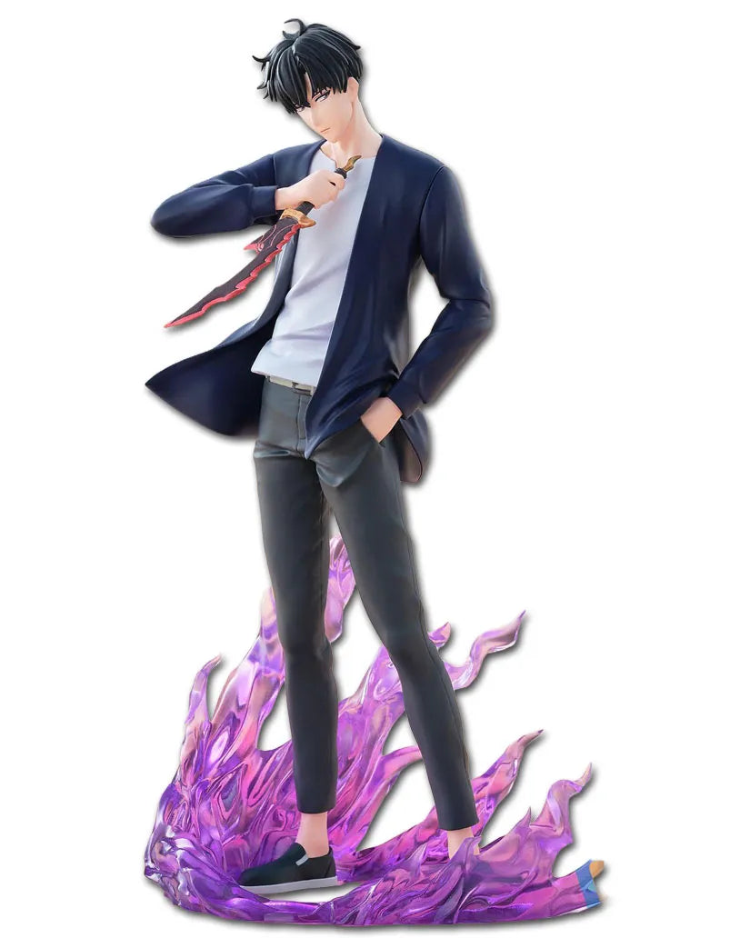 An anime-style male character figurine or collectible statue wearing a navy cardigan, white shirt, gray pants, and black shoes, posed with one hand near his face and the other in his pocket, standing on a purple flame-like base against a plain white background.