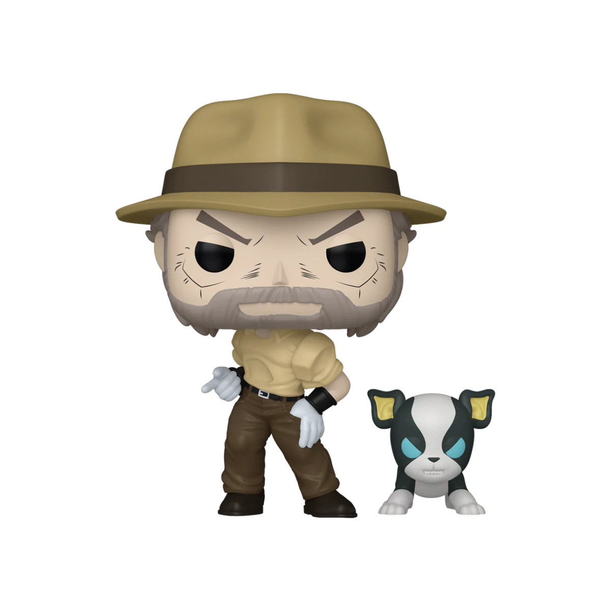 Funko Pop! vinyl figure of a stylized man in a tan hat and shirt with brown pants, standing next to a small black-and-white dog with blue eyes, on a plain white background.