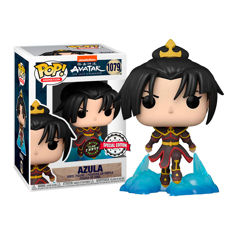 Funko Pop Chase edition of Azula from Avatar: The Last Airbender, depicted with blue flames and dynamic pose, in display packaging.