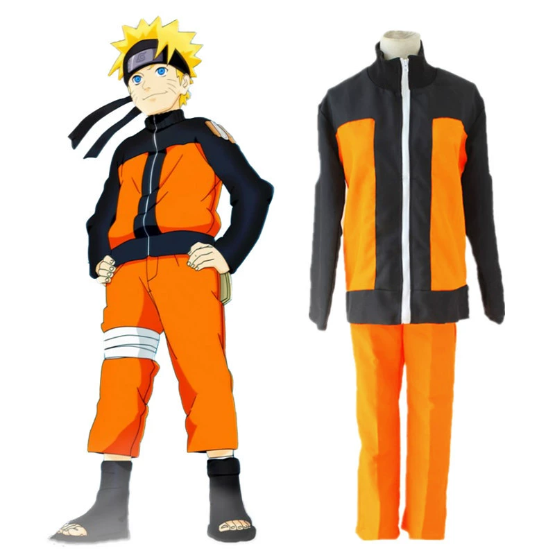 Cosplay costume of a character in orange and black outfit with matching mannequin display.