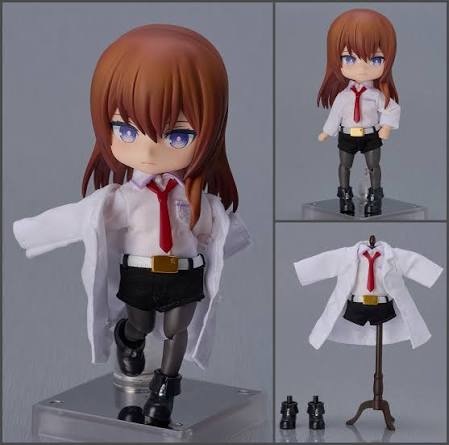 A chibi-style anime figure with brown hair, blue eyes, a white shirt, red tie, black skirt, and black boots, shown on a display stand with alternate heads and a clothing stand with the outfit removed. The collage shows multiple views of the figure and the accessories against a plain gray background.