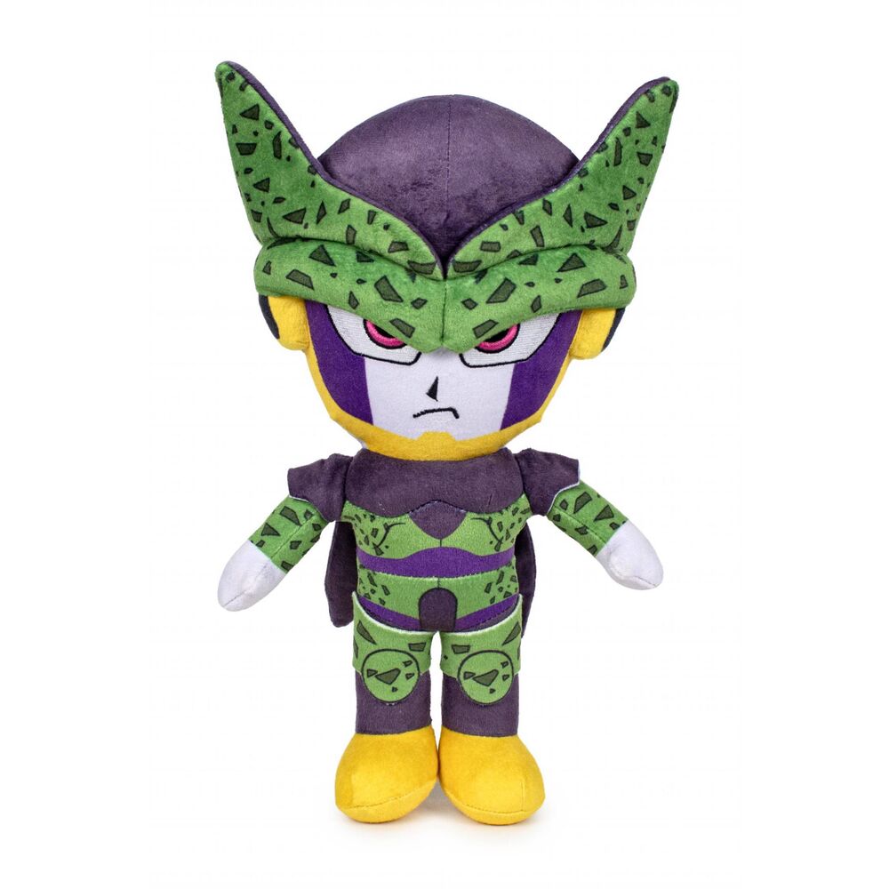 Plush toy of a character with green and purple outfit on a white background