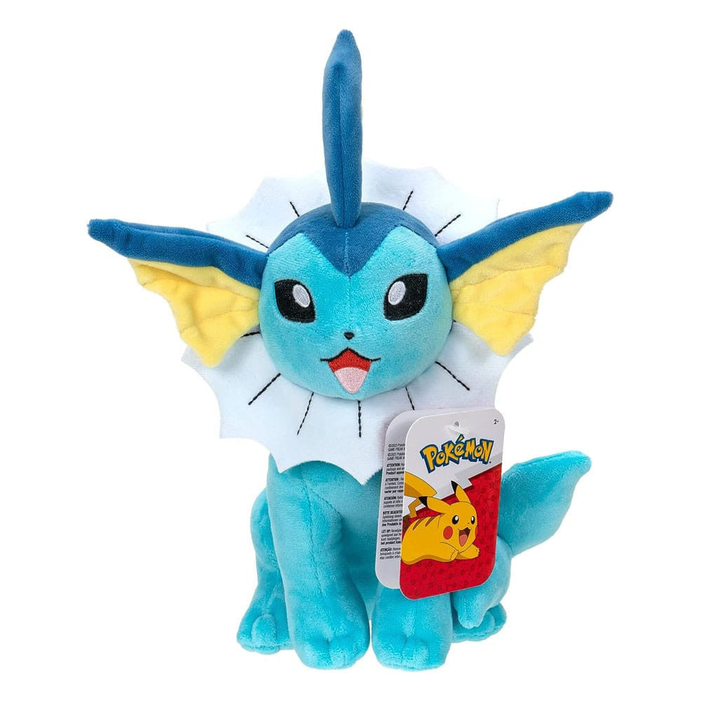 Blue and yellow plush toy with a tag on a white background