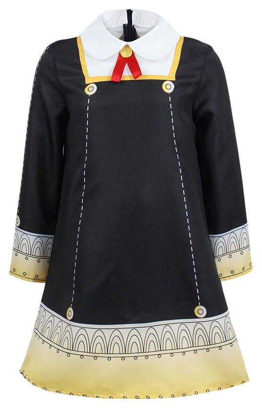Black dress with white collar, red accents, and yellow trim on a white background