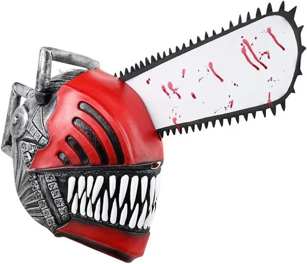 Mask of a chainsaw face in red with splashes of blood.