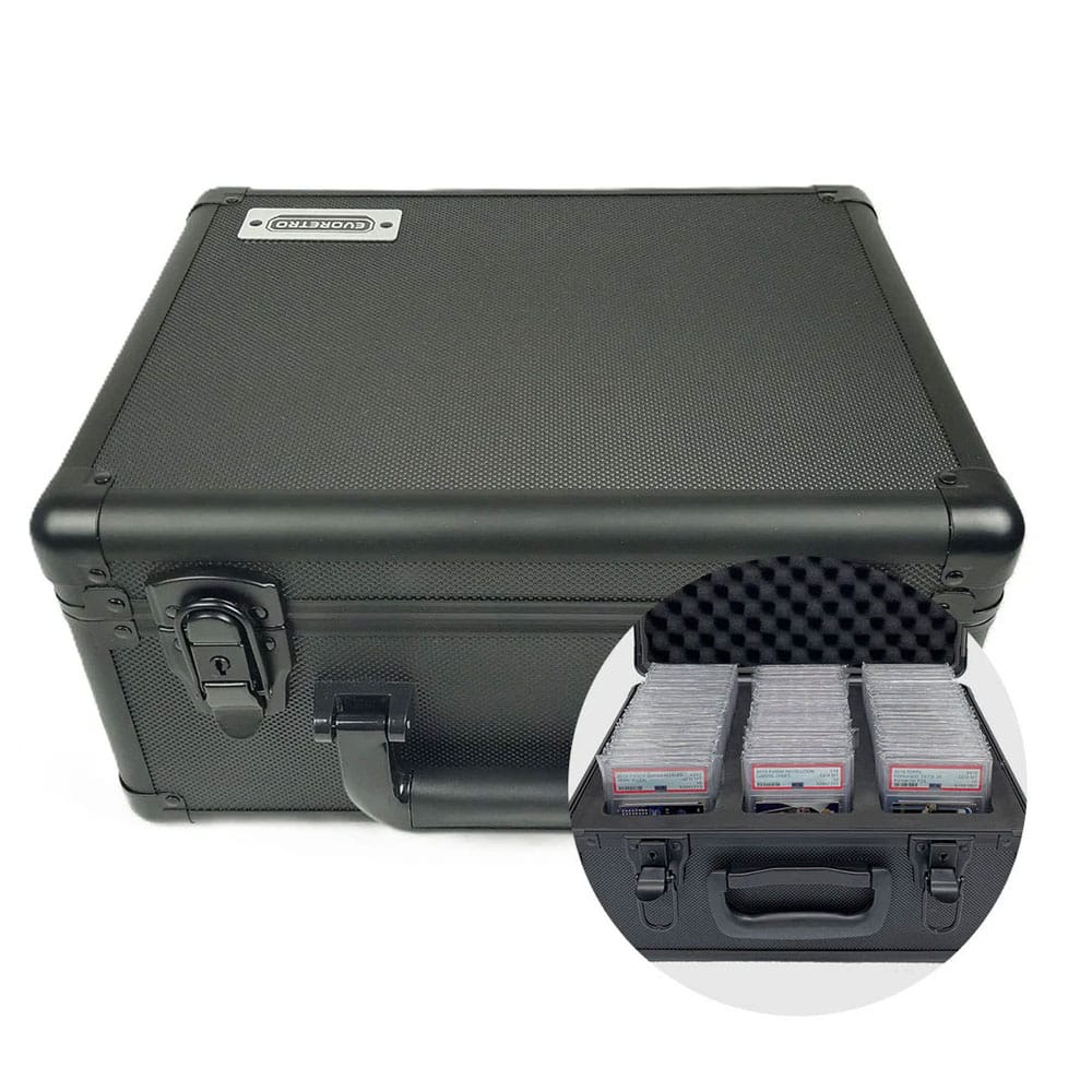 Black hard-shell case with interior padding for protective storage on a white background