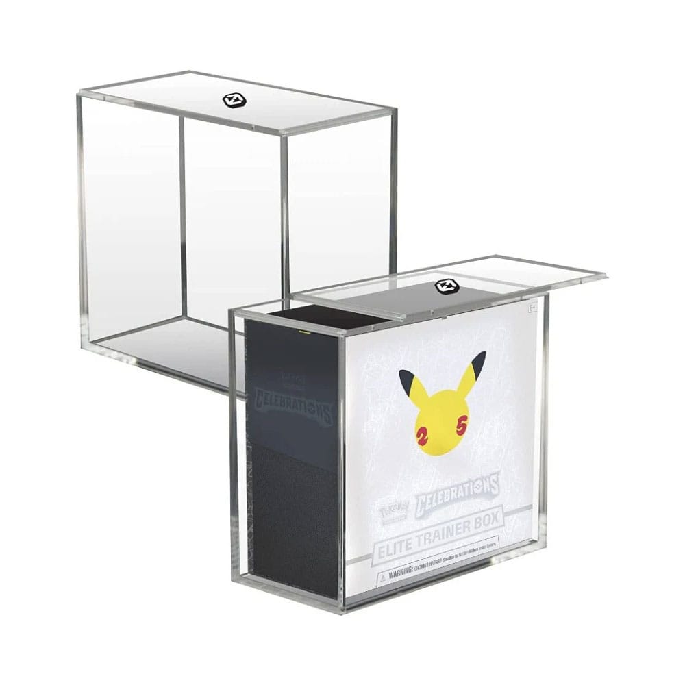 Clear display case with a Pikachu figure on a white background