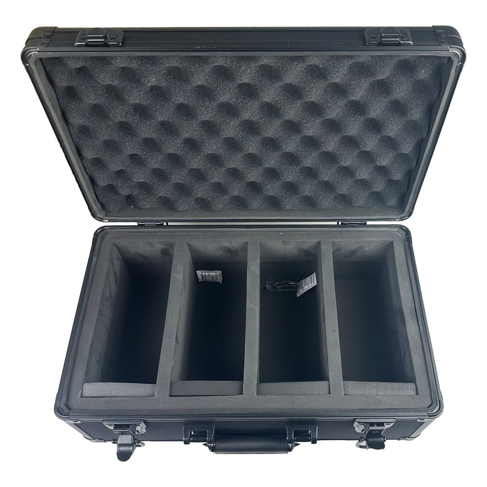 Black foam-lined hard-shell case with compartments on a white background