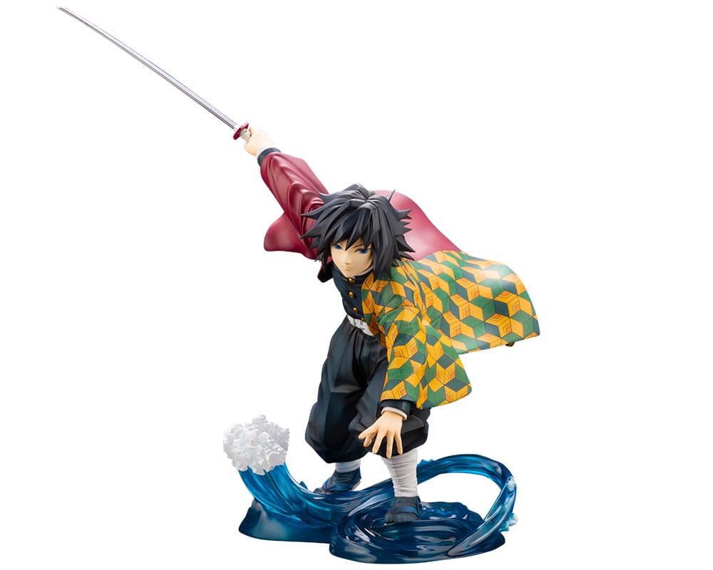 Figurine of a character with a sword, colorful outfit, and wave-like base on a white background