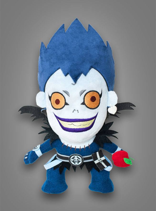 Plush toy with blue hair and white face on a gray background