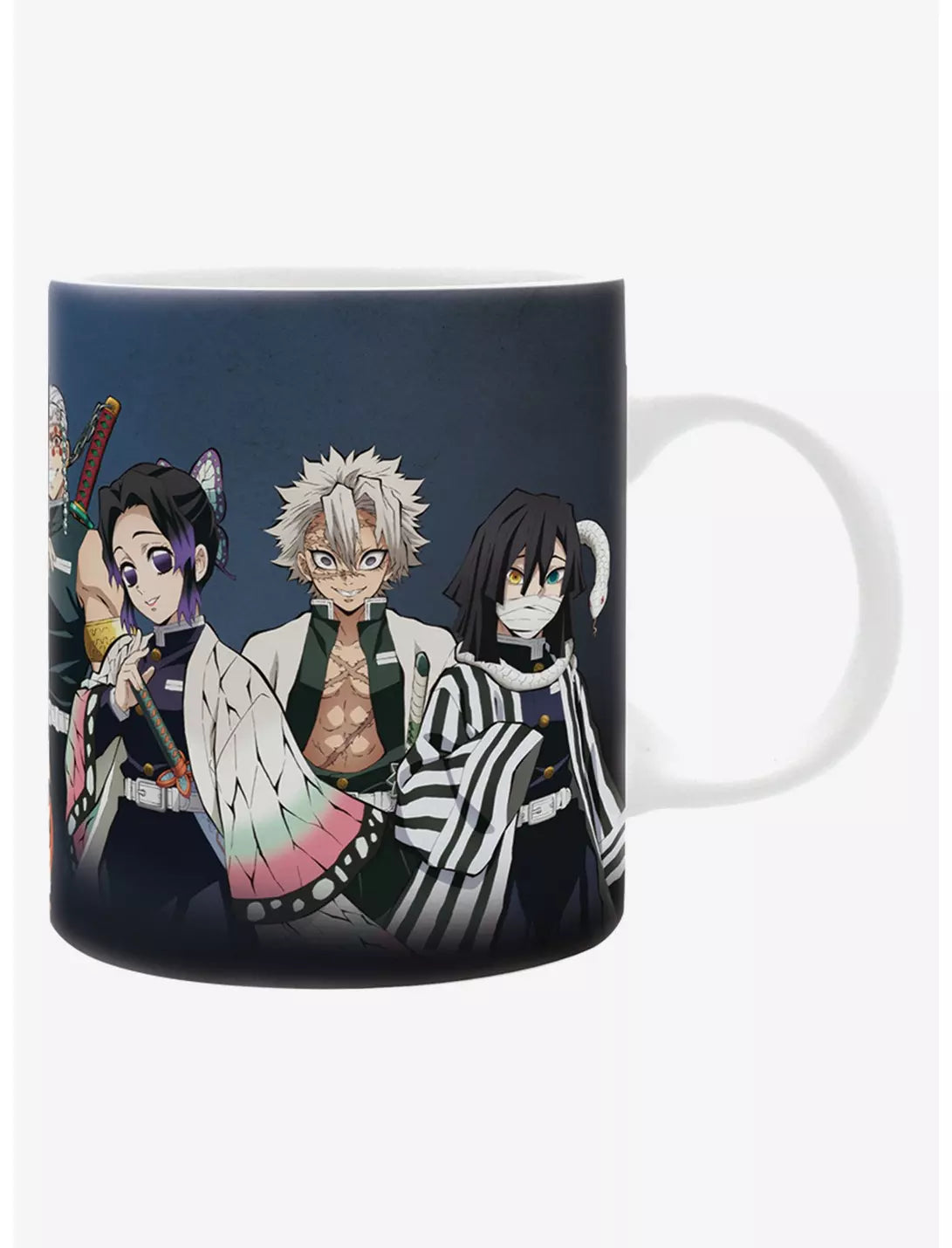A ceramic mug featuring anime characters from Demon Slayer, printed on a dark navy background, shown against a plain white studio background.
