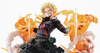 A collectible anime action figure of Todoroki Shoto from My Hero Academia, posed dynamically with glowing orange and yellow energy effects and white smoke details against a plain white background.