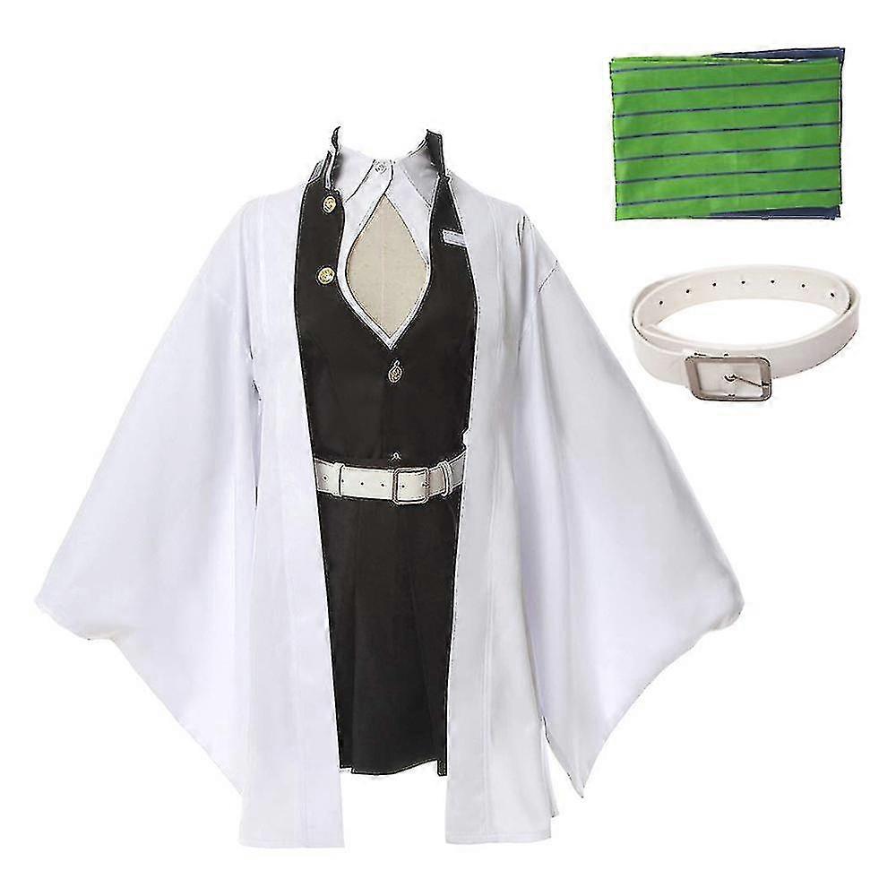 Cosplay costume set with white robe, black vest, green sash, and belt on a white background