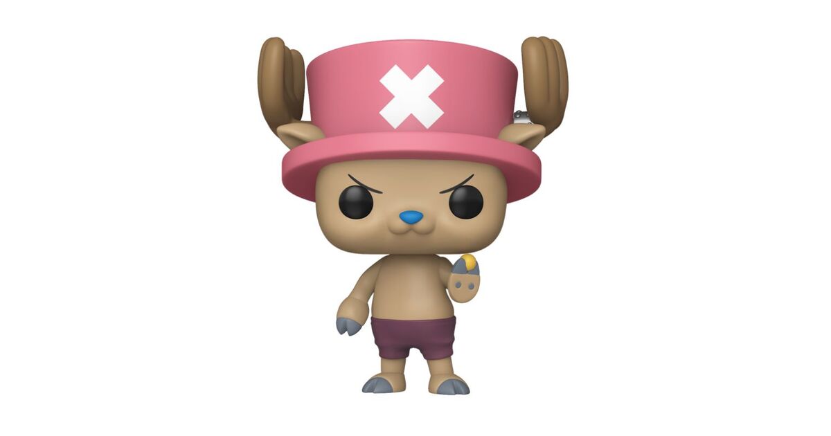 A Funko Pop! vinyl figure of Tony Tony Chopper from the anime One Piece, featuring his signature pink hat with a white X, brown antlers, and purple shorts, set against a plain white background.
