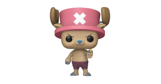 A Funko Pop! vinyl figure of Tony Tony Chopper from the anime One Piece, featuring his signature pink hat with a white X, brown antlers, and purple shorts, set against a plain white background.