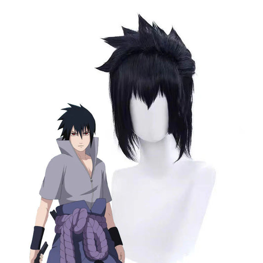 Black animated wig next to an anime character with similar hairstyle on a white background