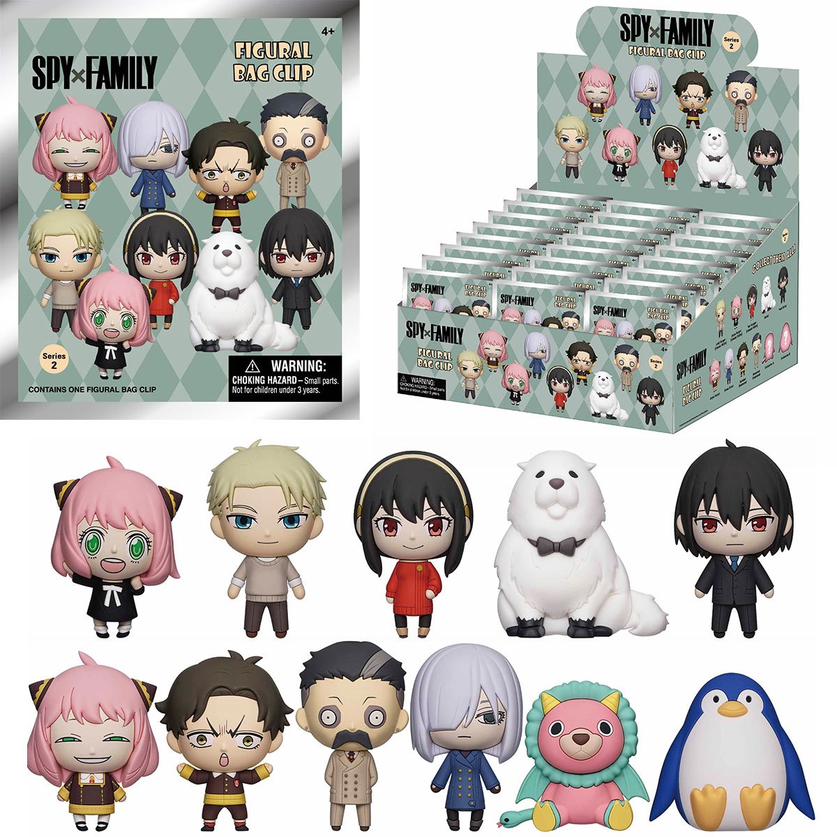 Spy x Family figurines with packaging and display box on a white background