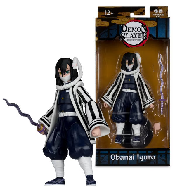 Demon Slayer figurine of Obanai Iguro with packaging on a white background
