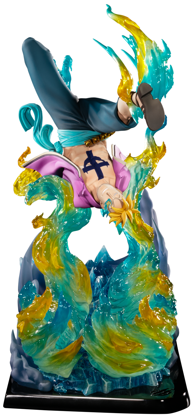 A collectible anime figurine of a character performing a dynamic flip while surrounded by translucent blue and yellow energy effects, mounted on a black base against a plain white background.
