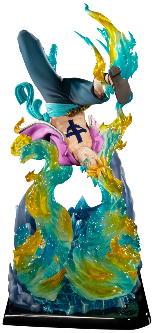 A collectible anime figurine of a character performing a dynamic flip while surrounded by translucent blue and yellow energy effects, mounted on a black base against a plain white background.