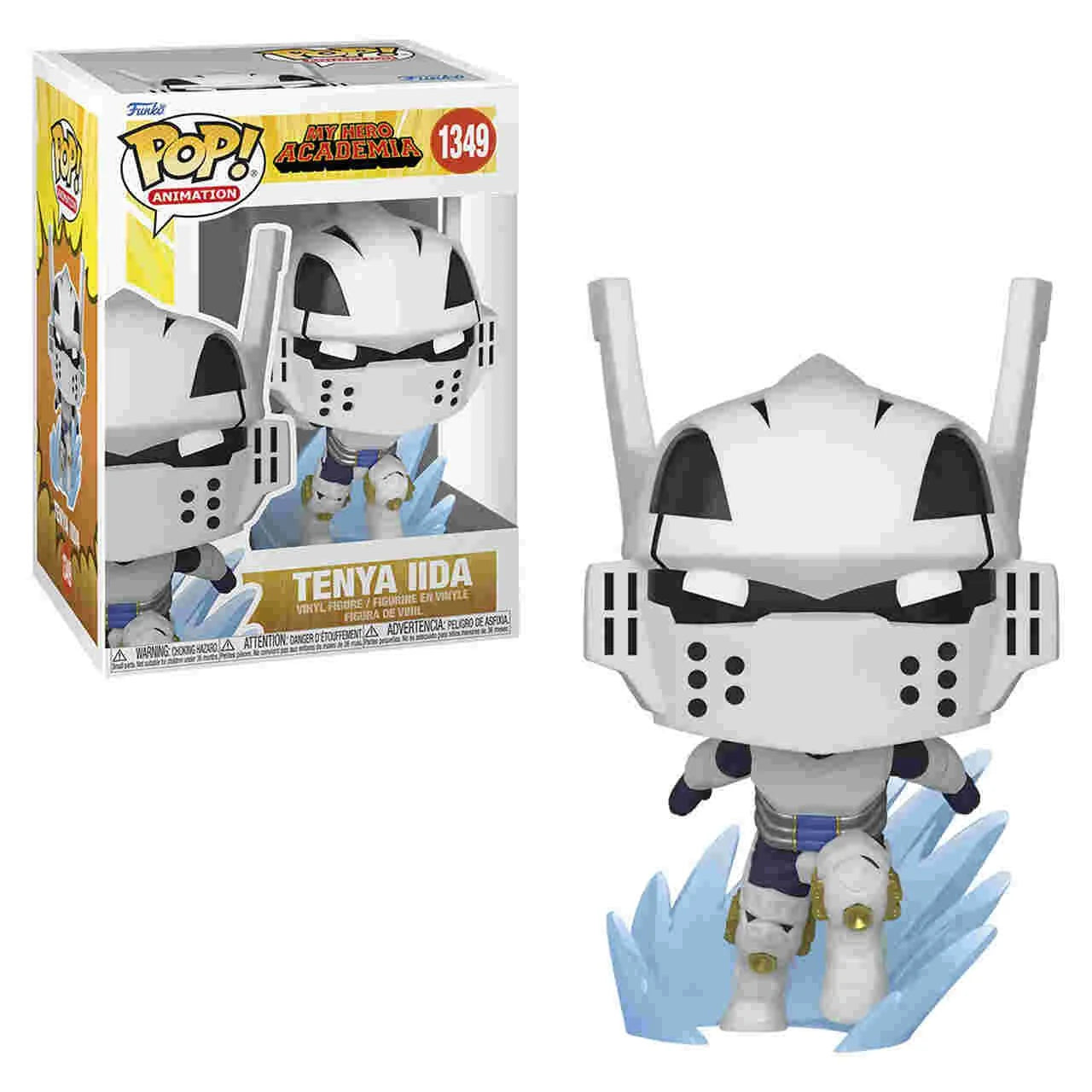 Funko Pop figure of Tenya Iida from My Hero Academia, featuring his armored hero suit and determined pose, in collector packaging.