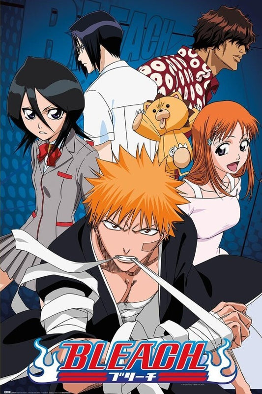 Bleach anime poster featuring Ichigo Kurosaki in the foreground with his signature orange hair and white striped shirt, surrounded by Soul Reaver characters including Rukatsu Kuroo, Momo Yaiba, and Ori no Naka de Amigo on a dark blue illustrated background with the Bleach logo at the bottom.