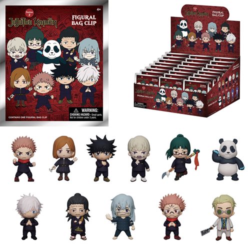 Collection of figurines and packaging for 'Jujutsu Kaisen' series on a white background