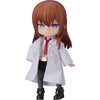A chibi-style anime figure with long auburn-brown hair, purple eyes, wearing a white lab coat over a white shirt with a red tie, black skirt, black boots, and a gold belt, isolated on a white background.