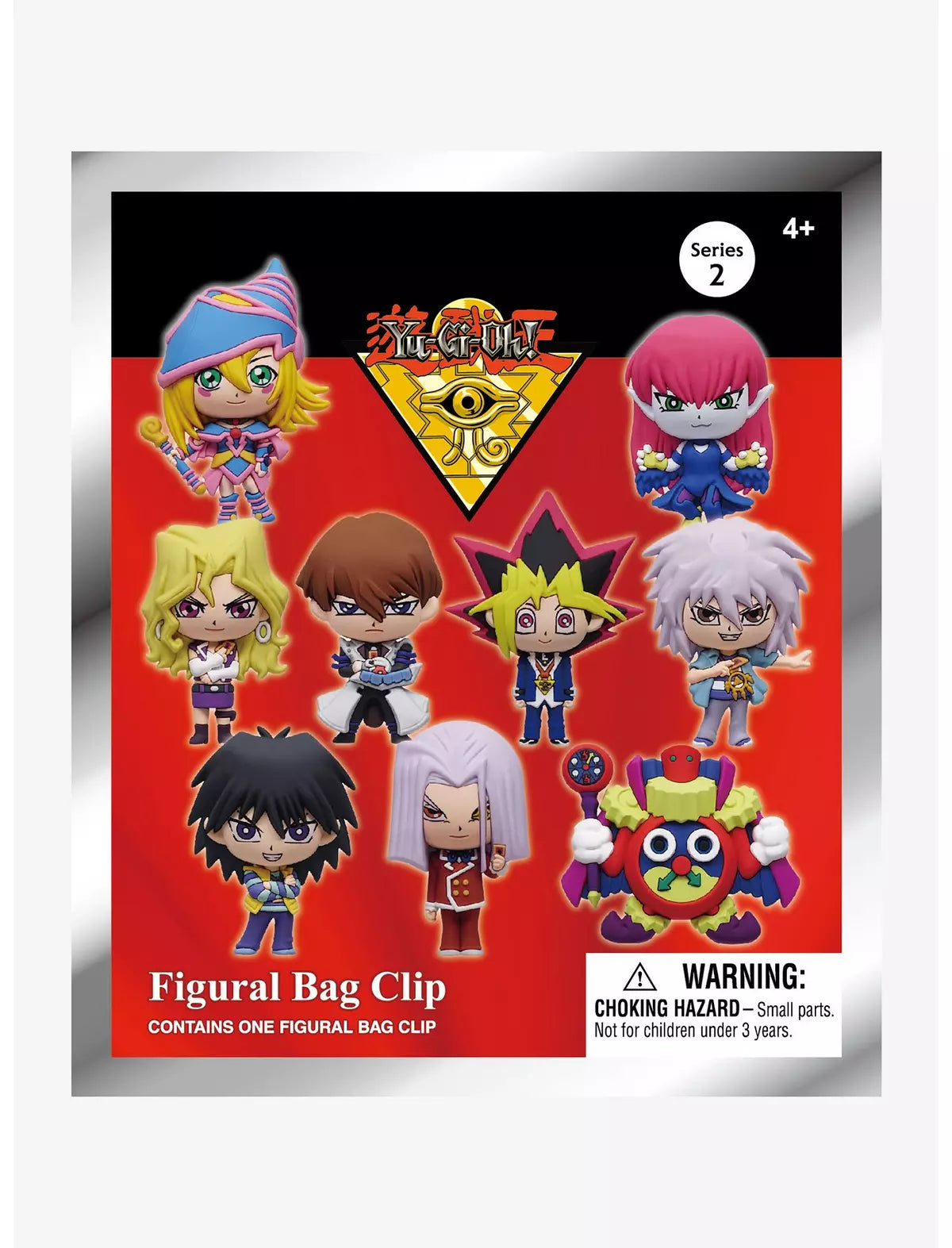 Yu-Gi-Oh! Series 2 Figural Bag Clip package containing one chibi-style character figure, shown on a red and black backing card with character illustrations and a choking hazard warning.